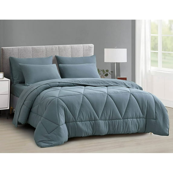 Chezmoi Collection Jasper 7-Pieces Bed in a Bag Comforter Set with Sheets, Geometric Triangle Quilted Double Brushed Microfiber Lightweight All Season Bedding Set, King, Dusty Blue