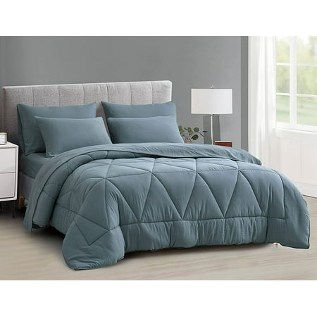 Chezmoi Collection Jasper 7-Pieces Bed in a Bag Comforter Set with Sheets, Geometric Triangle Quilted Double Brushed Microfiber Lightweight All Season Bedding Set, Queen, Dusty Blue
