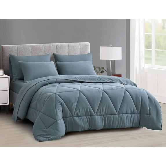 Chezmoi Collection Jasper Dusty Blue Oversized King Bed in a Bag 7-Pieces Triangle Geometric Quilted Stone Washed Microfiber Comforter with Sheets Lightweight All Season Bedding Set