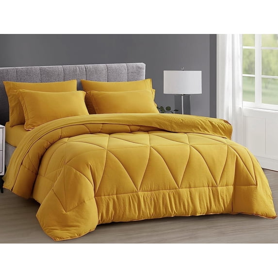 Chezmoi Collection Jasper Mustard Yellow Oversized King Bed in a Bag 7-Pieces Triangle Geometric Quilted Stone Washed Microfiber Comforter with Sheets Lightweight All Season Bedding Set