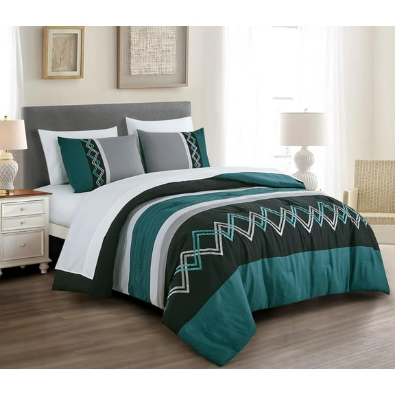 Chezmoi Collection Jaxson Bed in a Bag Queen Size 7-Piece Comforter Set with Sheets Modern Pleated Stripe Embroidered Teal/Black/Gray Zigzag Lightweight All Season Bedding
