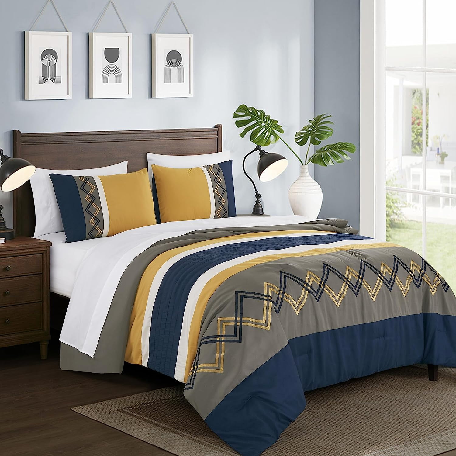 Chezmoi Collection Jaxson California King Bed in a Bag 7-Piece Comforter  Set with Sheets Modern Pleated Stripe Embroidered Navy/Gray/Yellow/White ..., image size:1500x1500