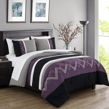 Chezmoi Collection Jaxson Full Bed in a Bag 7-Piece Comforter Set with Sheets Modern Pleated Stripe Embroidered Purple/Black/Gray/White Zigzag Lightweight All Season Bedding