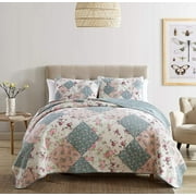 Chezmoi Collection Jolie 3-Piece Pre-Washed 100%-Cotton Real Patchwork Quilt Set, Reversible Diamond Garden Floral Quilted Bedspread