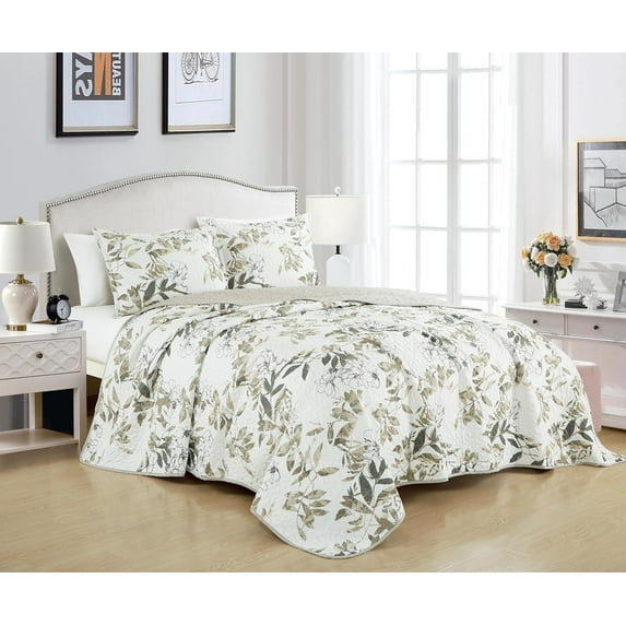 Chezmoi Collection Julia 2-Piece Floral Quilt Set Twin, Multicolor Taupe-Green Gray White Floral Leaves Printed Microfiber Lightweight Bedspread Set for All season