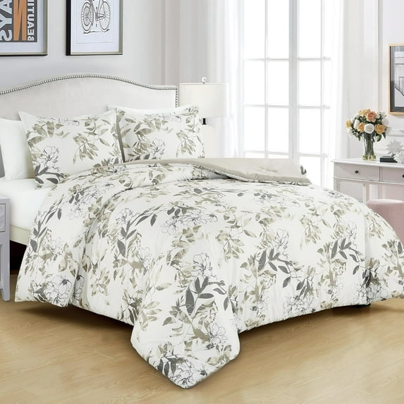 Chezmoi Collection Julia 3-Piece Floral Comforter Set, King, Multicolor Taupe-Green Gray White Floral Leaves Printed Microfiber Lightweight Bedding Set for All season