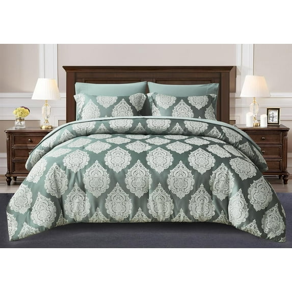 Chezmoi Collection Juliette 7-Piece Bed in a Bag Comforter Set King - Silky Smooth Medallion Jacquard Comforter Set with Sheets, Gray Green Smoke