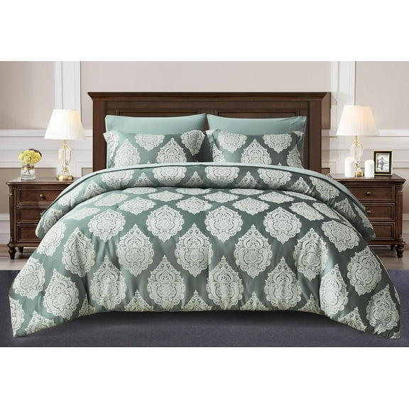 Chezmoi Collection Juliette 7-Piece Bed in a Bag Comforter Set Queen - Silky Smooth Medallion Jacquard Comforter Set with Sheets, Gray Green Smoke
