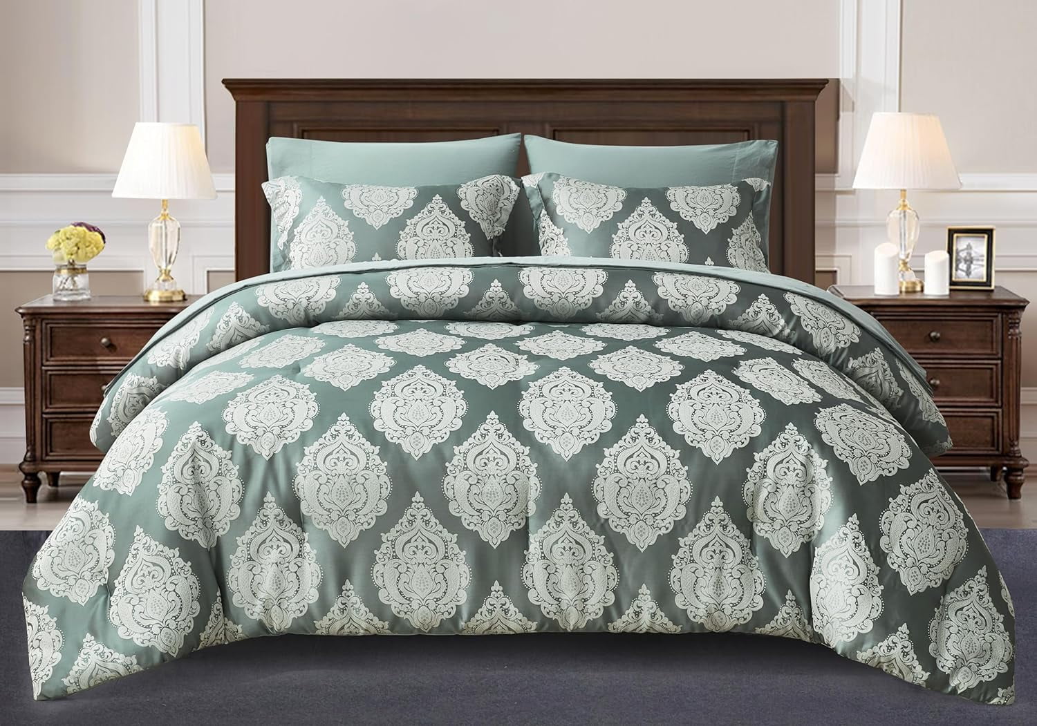 Juliette Queen Gray Green Smoke Jacquard 7-Piece Bed in a Bag Set