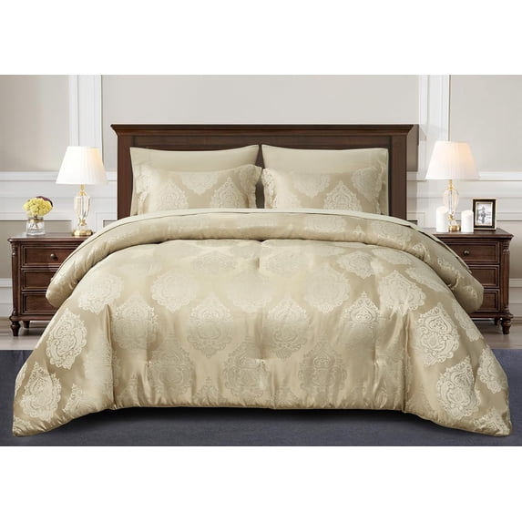 Chezmoi Collection Juliette 7-Piece Bed in a Bag Comforter Set California King - Silky Smooth Medallion Jacquard Comforter Set with Sheets, Gold