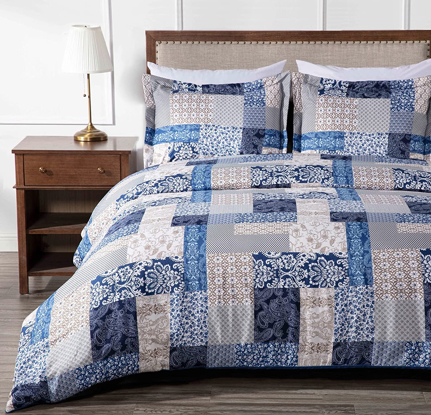 Chezmoi Collection Kai 3-Piece Floral Paisley Patchwork Printed Comforter Set, Navy Blue