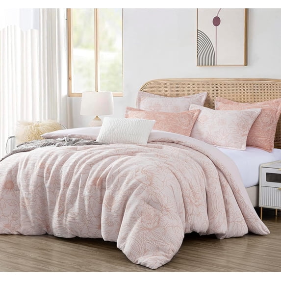 Chezmoi Collection Katrina 4-Piece Floral Comforter Set Twin Size, White/Coral, Soft Jacquard Textured Lightweight Bedding for All Season