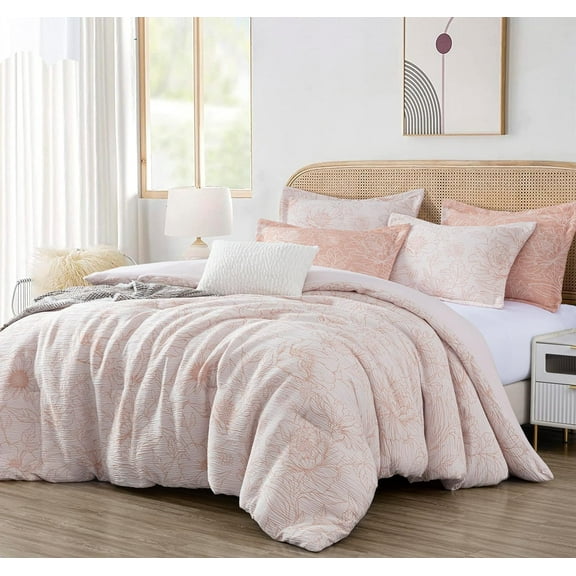 Chezmoi Collection Katrina 6-Piece Floral Comforter Set Full Size, White/Coral, Soft Jacquard Textured Lightweight Bedding for All Season