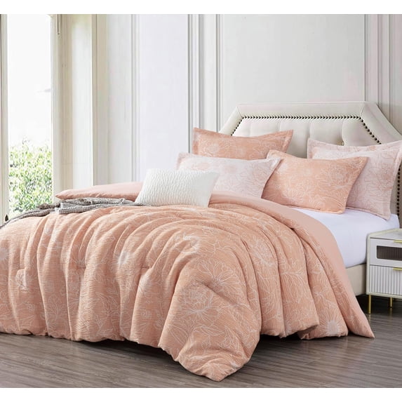 Chezmoi Collection Katrina 6-Piece Floral Comforter Set King Size, Coral/White, Soft Jacquard Textured Lightweight Bedding for All Season