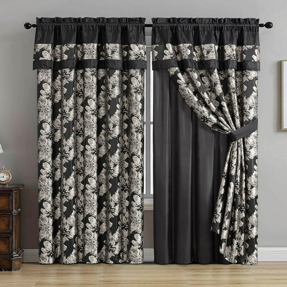 Chezmoi Collection Kelsey 4-Piece Black Gold Jacquard Floral Hibiscus Window Curtain/Drape Set Sheer Backing, Tieback, Valance