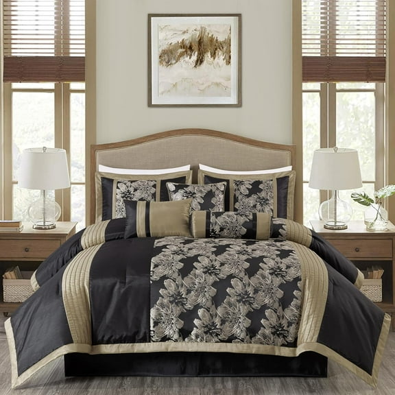 Chezmoi Collection Kelsey Comforter Set King Size, 7-Piece Black Gold Hibiscus Floral Jacquard Bedding Set