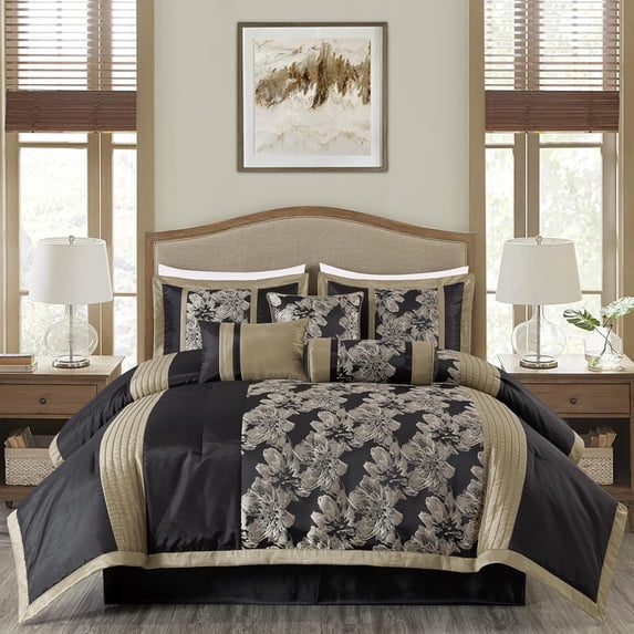 Chezmoi Collection Kelsey Comforter Set Queen Size, 7-Piece Black Gold Hibiscus Floral Jacquard Bedding Set