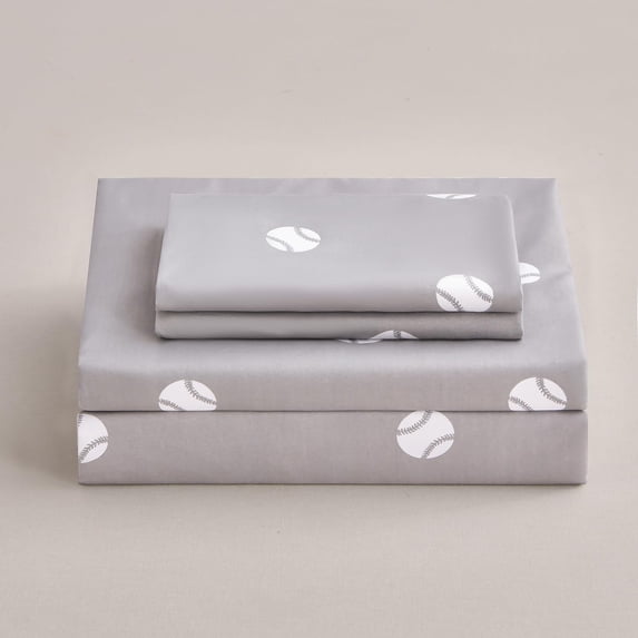 Chezmoi Collection Kids/Teens Sports Fitted Sheet, Full Size 2-Pack – 2 Fitted Sheets + 4 Pillowcases (No Flat Sheet) - Soft Microfiber Fitted Sheet Set – Gray White Baseball Print