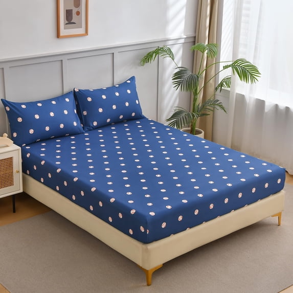 Chezmoi Collection Kids/Teens Sports Fitted Sheet, Full Size 2-Pack – 2 Fitted Sheets + 4 Pillowcases (No Flat Sheet) - Soft Microfiber Fitted Sheet Set – Navy White Red Baseball Print