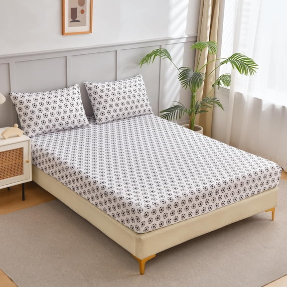 Chezmoi Collection Kids/Teens Sports Fitted Sheet, Queen Size 2-Pack – 2 Fitted Sheets + 4 Pillowcases (No Flat Sheet) - Soft Microfiber Fitted Sheet Set – White Black Soccer Balls Print