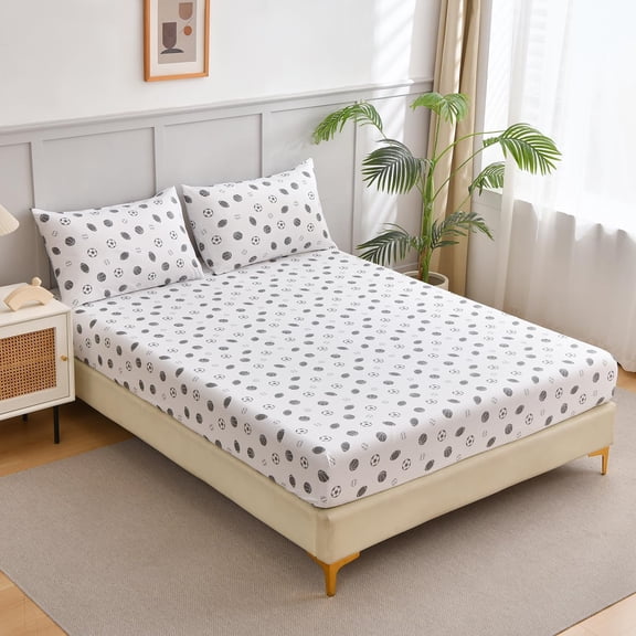 Chezmoi Collection Kids/Teens Sports Fitted Sheet, Twin 2-Pack – 2 Fitted Sheets + 2 Pillowcases (No Flat Sheet) - Soft Microfiber Fitted Sheet Set - White Gray Baseball Basketball Football Print