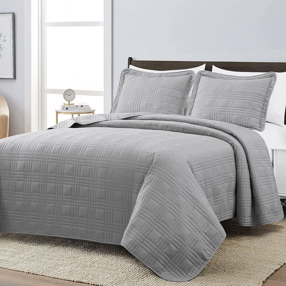 Chezmoi Collection Kingston King Size Bedspread Set, 3-Piece Gray Oversized Quilted Microfiber Lightweight Bedspread Coverlet (118"x106")