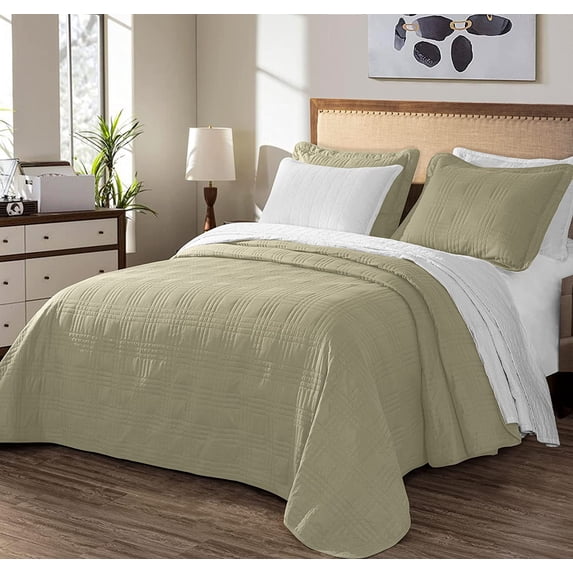 Chezmoi Collection Kingston King Size Bedspread Set, 3-Piece Khaki Oversized Quilted Microfiber Lightweight Bedspread Coverlet (118"x106")