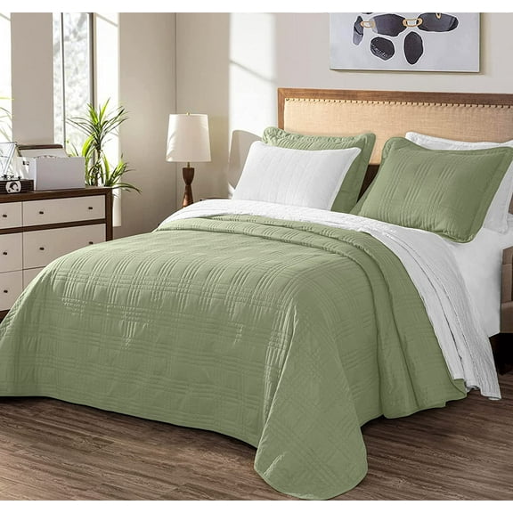 Chezmoi Collection Kingston King Size Bedspread Set, 3-Piece Sage Green Oversized Quilted Microfiber Lightweight Bedspread Coverlet (118"x106")
