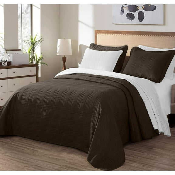 Chezmoi Collection Kingston Queen Size Bedspread Set, 3-Piece Brown Oversized Quilted Microfiber Lightweight Bedspread Coverlet (100"x106")
