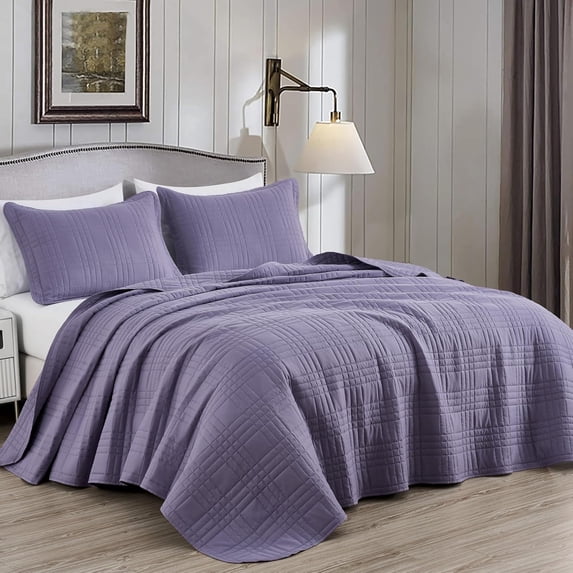 Chezmoi Collection Kingston Queen Size Bedspread Set, 3-Piece Dusty Purple Oversized Quilted Microfiber Lightweight Bedspread Coverlet (100"x106")