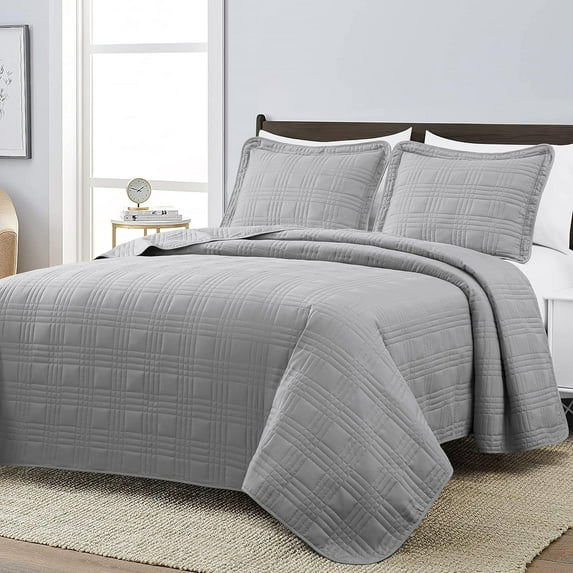 Chezmoi Collection Kingston Queen Size Bedspread Set, 3-Piece Gray Oversized Quilted Microfiber Lightweight Bedspread Coverlet (100"x106")