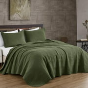 Chezmoi Collection Kingston Queen Size Bedspread Set, 3-Piece Olive Green Oversized Quilted Microfiber Lightweight Bedspread Coverlet 100x106