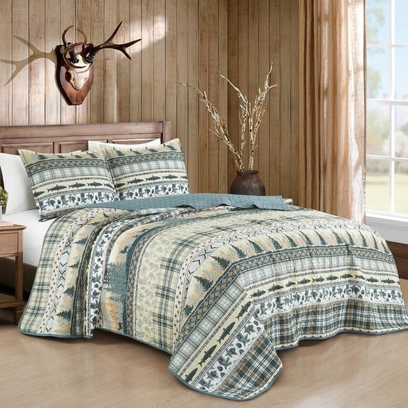 Chezmoi Collection Lake 3-Piece Southwestern Lodge Quilt Set Queen, Multicolor Pine Tree Fish Deer Explorer Mountain Printed Microfiber Lightweight Bedspread Set for All season