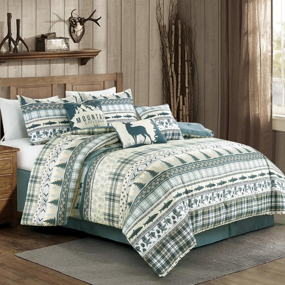 Chezmoi Collection Lake 7-Piece Northwest Cabin Lodge Comforter Set, Multicolor Pine Tree Fish Deer Explorer Mountain Printed Microfiber Bedding, California King