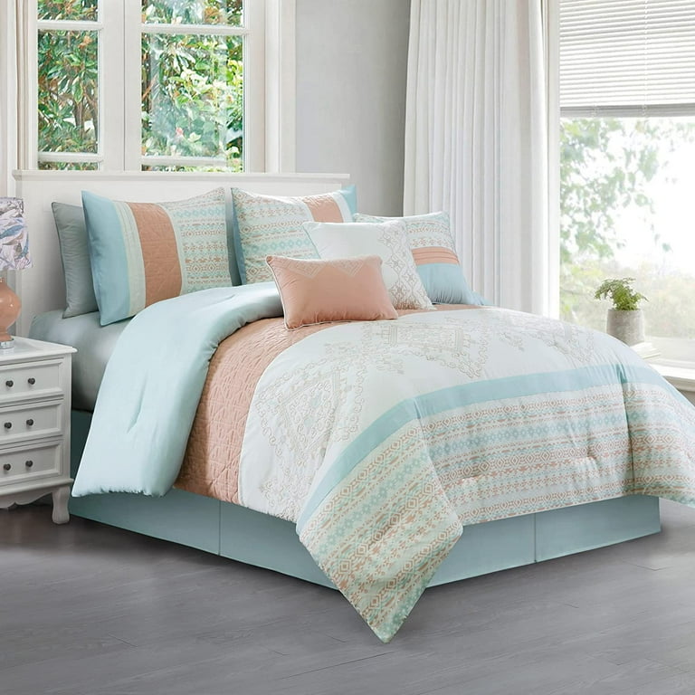 Chezmoi Collection Laura 7 Piece Bedding Set Coral Mint Blue White