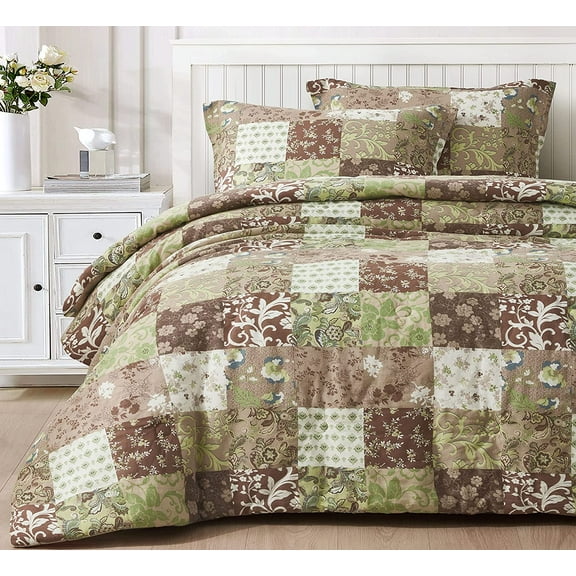 Chezmoi Collection Leilani 3-Piece Boho Washed Cotton Comforter Set Queen Size - Bohemian Bedding Set Brown Taupe Green White Floral Printed Patchwork Lightweight Comforter for All Season