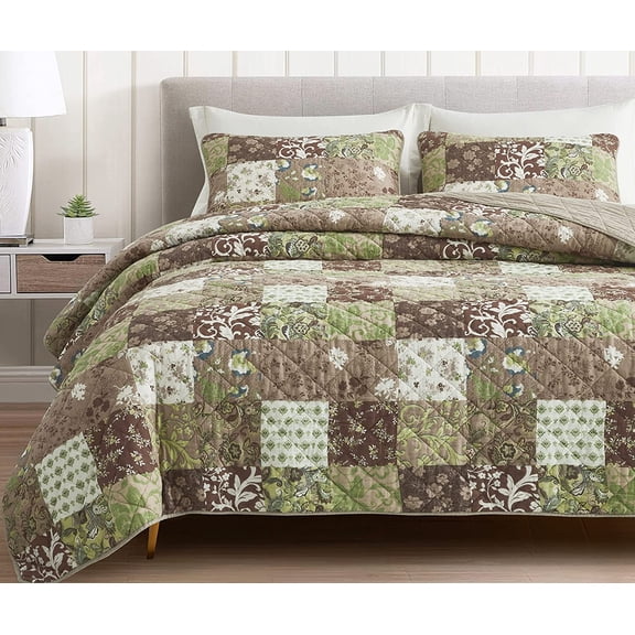 Chezmoi Collection Leilani 3-Piece Boho Washed Cotton Quilt Set King Size - Bohemian Quilted Bedding Brown Taupe Green White Floral Printed Patchwork Lightweight Bedspread Set for All Season