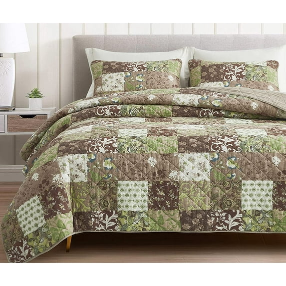 Chezmoi Collection Leilani 3-Piece Boho Washed Cotton Quilt Set Queen Size - Bohemian Quilted Bedding Brown Taupe Green White Floral Printed Patchwork Lightweight Bedspread Set for All Season