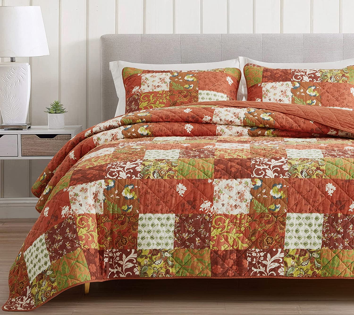 Chezmoi Collection Leilani 3-Piece Boho Washed Cotton Quilt Set Queen Size - Bohemian Quilted Bedding Orange Green White Floral Printed Patchwork Lightweight Bedspread Set for All Season