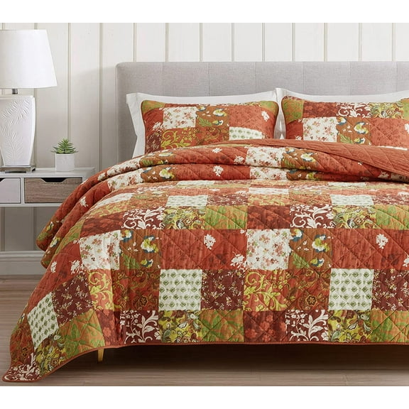 Chezmoi Collection Leilani 3-Piece Boho Washed Cotton Quilt Set Queen Size - Bohemian Quilted Bedding Orange Green White Floral Printed Patchwork Lightweight Bedspread Set for All Season