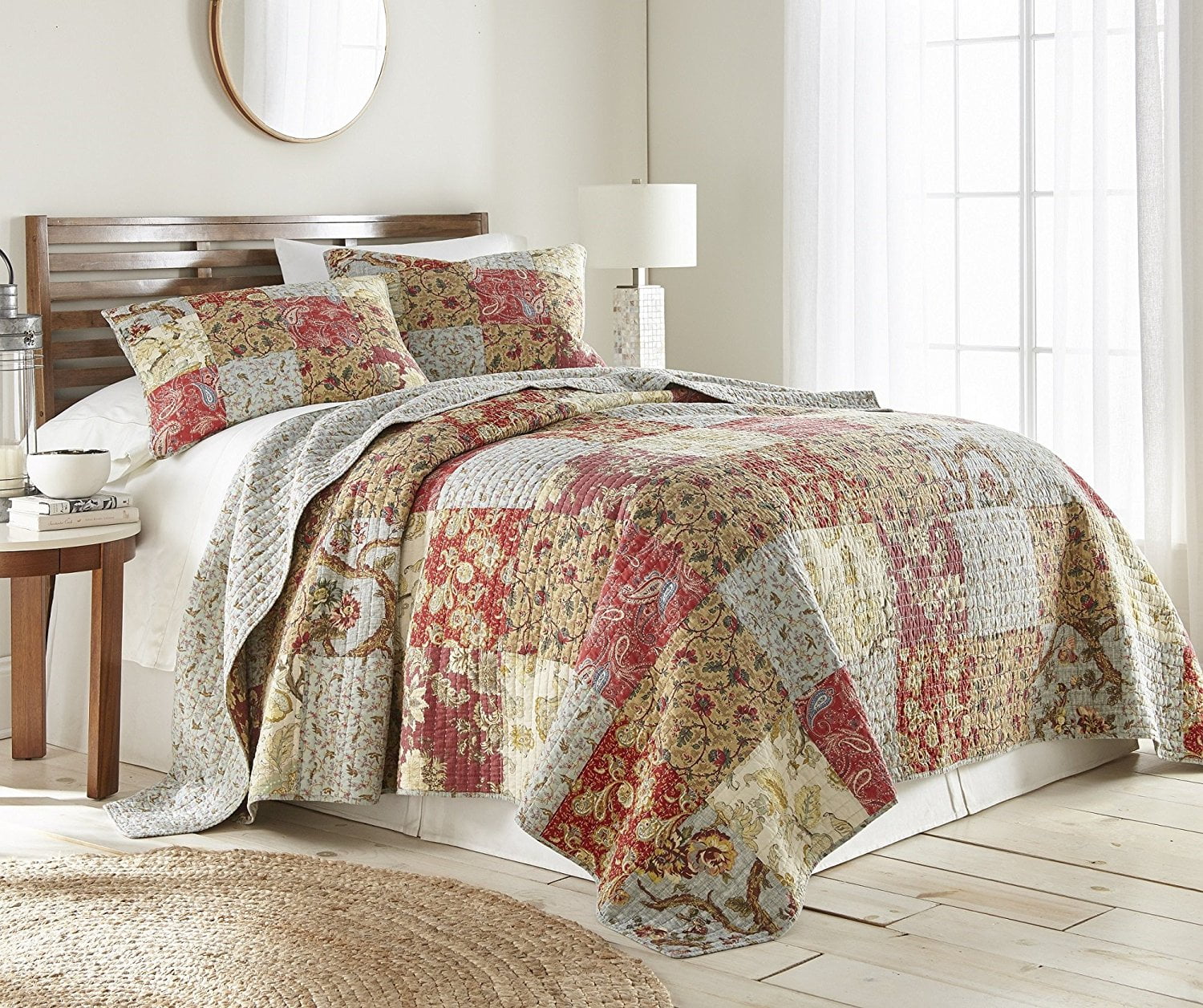 Leslie Queen Brown Cotton Reversible Floral Patchwork Quilt Set