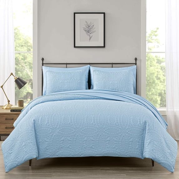 Chezmoi Collection Liam 7-Piece Chambray Blue Bed in a Bag Queen Comforter Set with Sheets Medallion Embossed Bedding Set