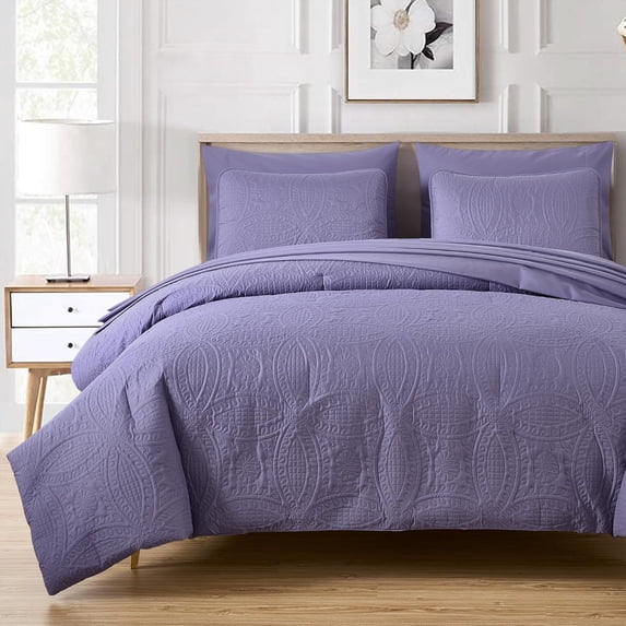 Chezmoi Collection Liam 7-Piece Dusty Purple Bed in a Bag Queen Comforter Set with Sheets Medallion Embossed Bedding Set