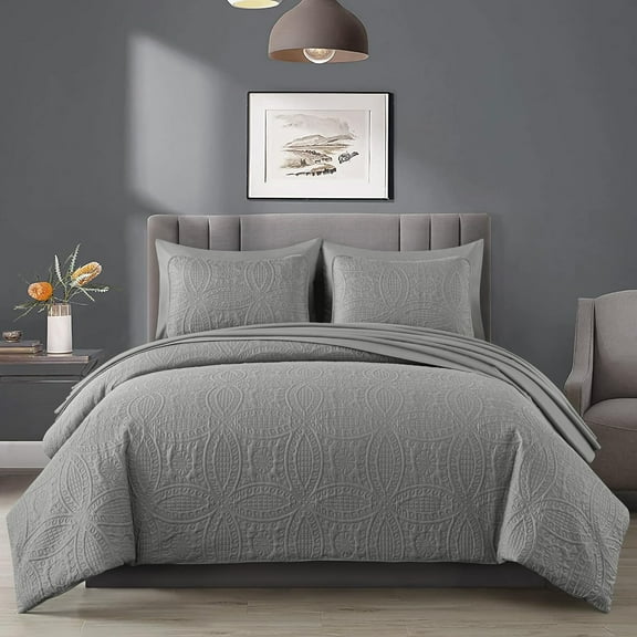 Chezmoi Collection Liam 7-Piece Gray Bed in a Bag King Comforter Set with Sheets Medallion Embossed Bedding Set