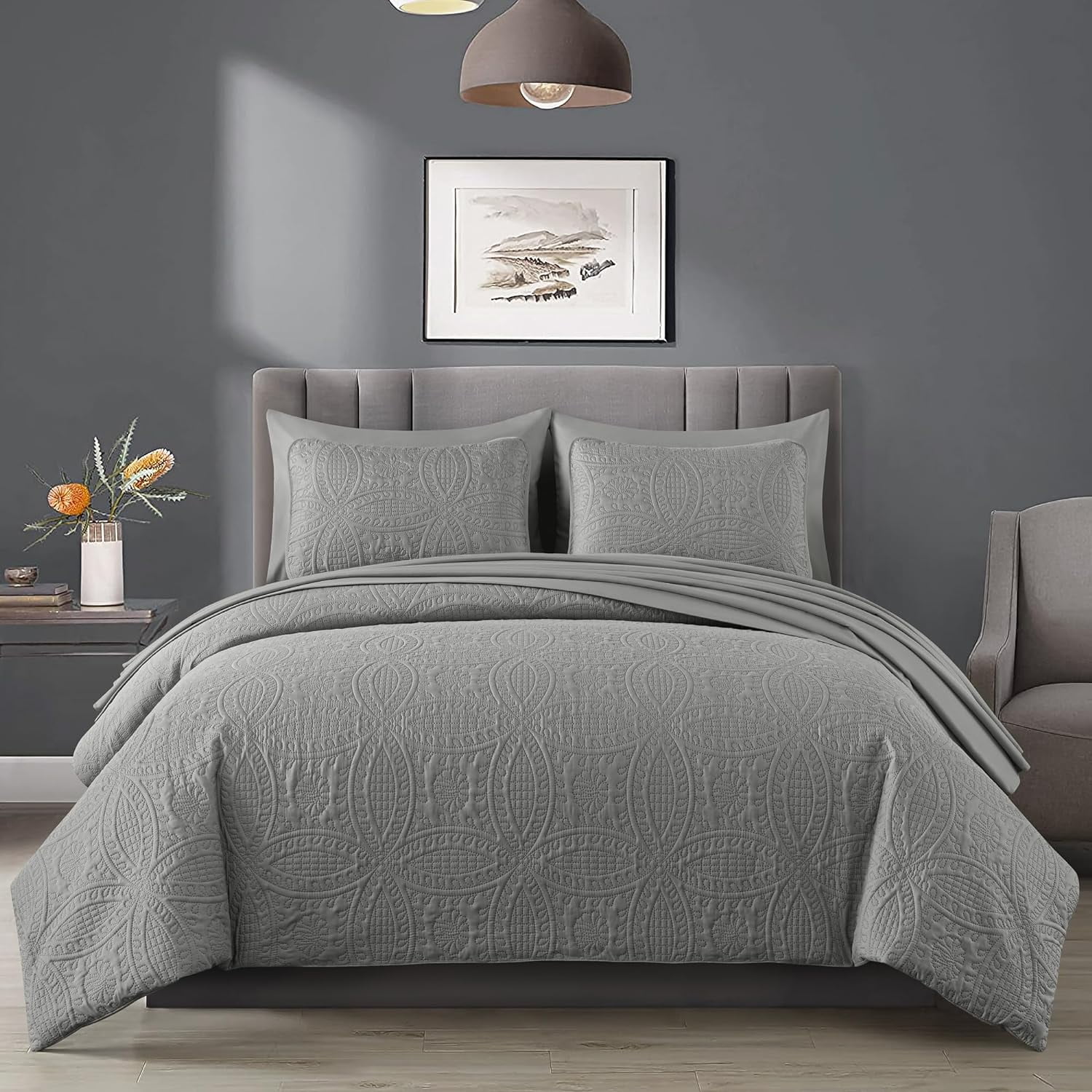 Chezmoi Collection Liam 7Piece Gray Bed in a Bag Queen Comforter Set
