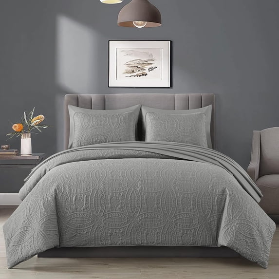 Chezmoi Collection Liam 7-Piece Gray Bed in a Bag Queen Comforter Set with Sheets Medallion Embossed Bedding Set