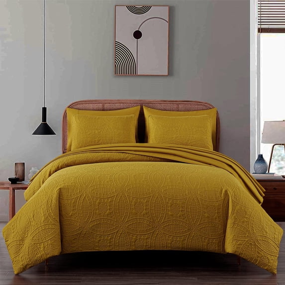 Chezmoi Collection Liam 7-Piece Mustard Yellow Bed in a Bag Queen Comforter Set with Sheets Medallion Embossed Bedding Set
