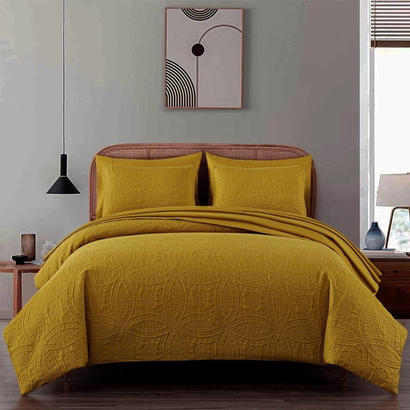 Chezmoi Collection Liam 7-Piece Mustard Yellow Bed in a Bag Queen Comforter Set with Sheets Medallion Embossed Bedding Set