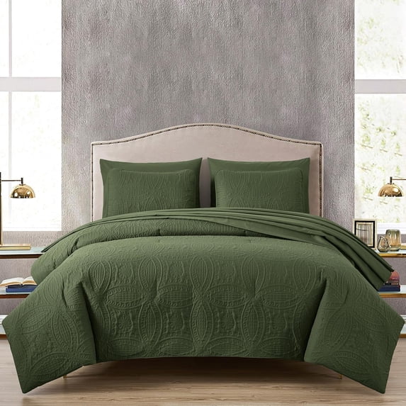 Chezmoi Collection Liam 7-Piece Olive Green Bed in a Bag Queen Comforter Set with Sheets Medallion Embossed Bedding Set