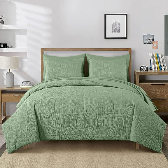 Chezmoi Collection Liam 7-Piece Sage Green Bed in a Bag Queen Comforter Set with Sheets Medallion Embossed Bedding Set